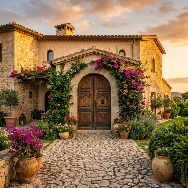 Villa mediterránea con puerta de roble artesanal al atardecer